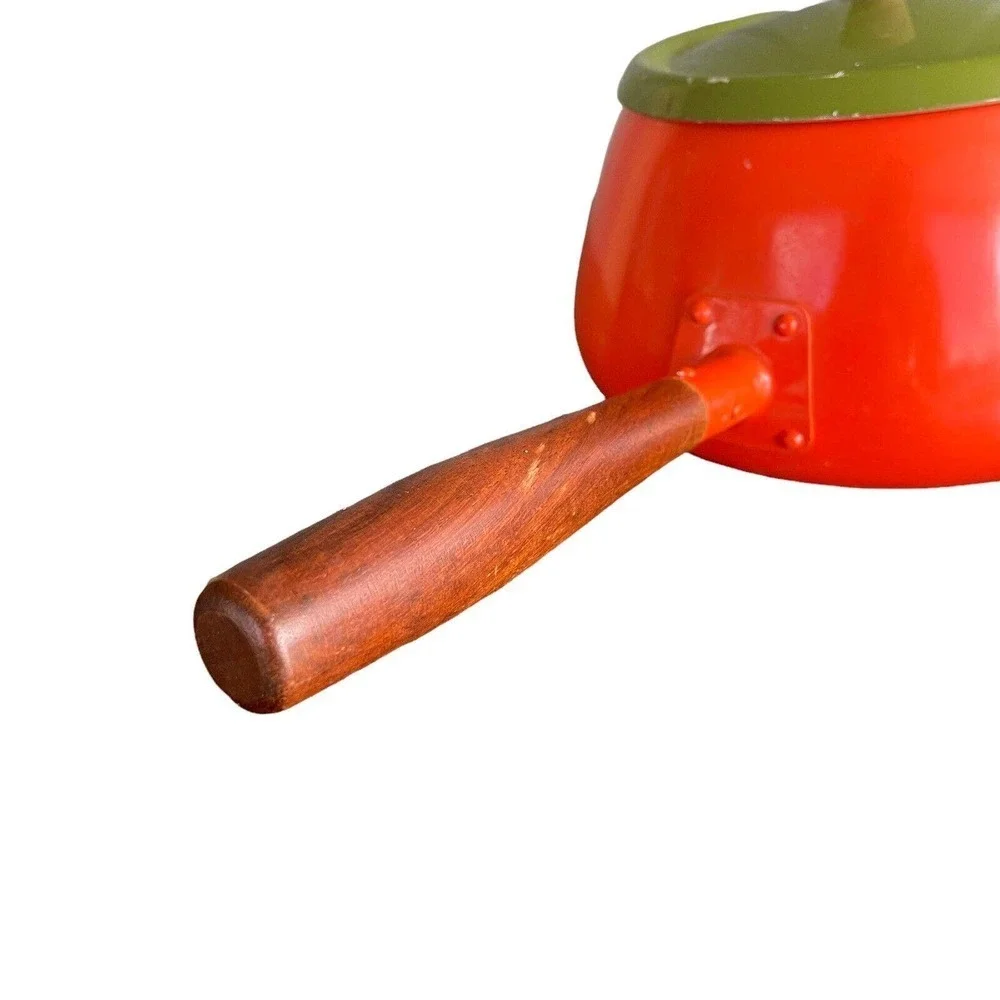 Vtg Shachi Orange Enamelware‎ Fondue Pot W/Lid Wood Handle Mid Century Japan 5”